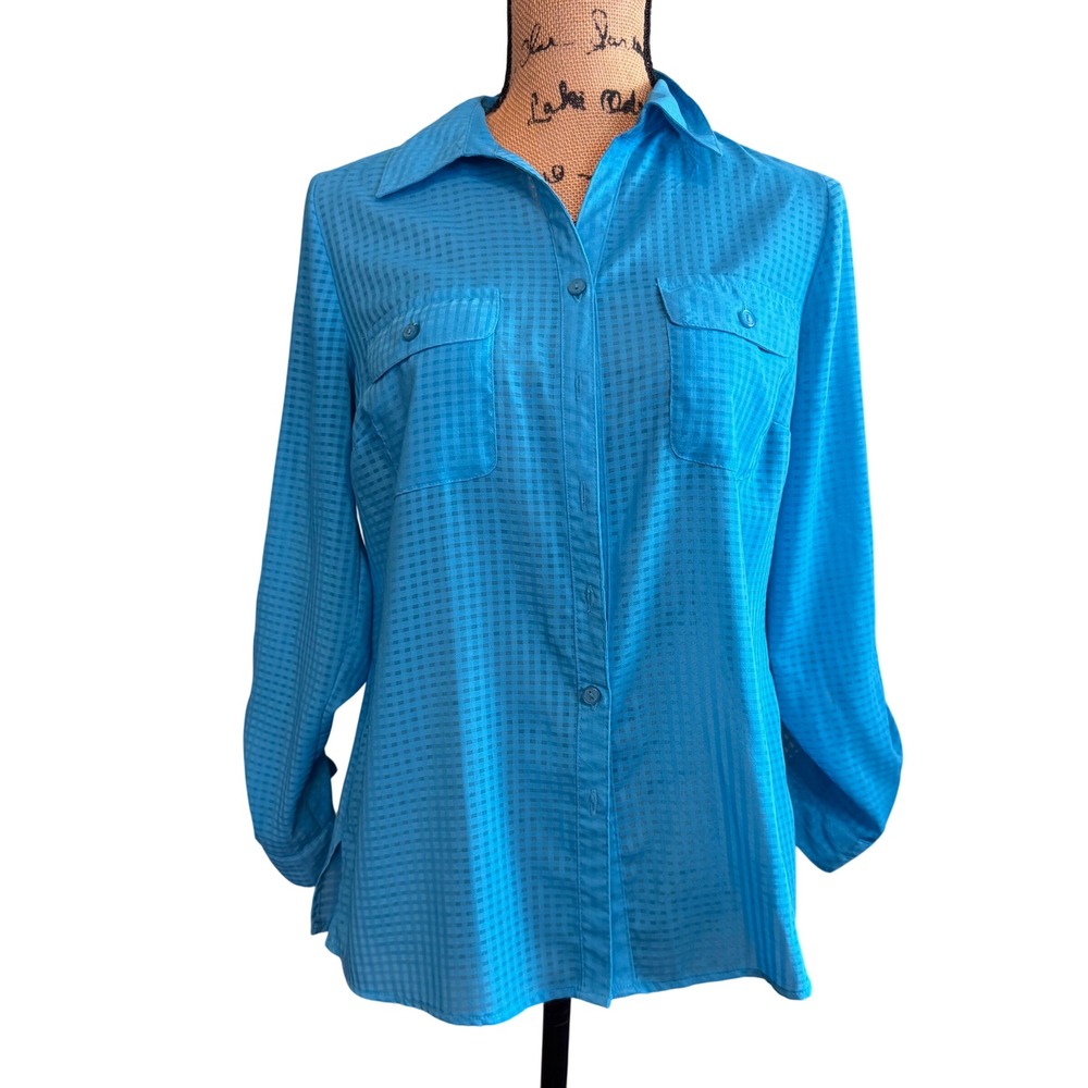 Studio Works Petite Bright Blue Checkered Roll Tab Button Down Shirt PM